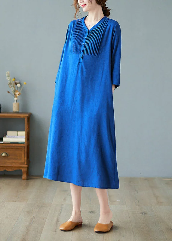 Plus Size Blue Wrinkled Linen Long Dresses Half Sleeve Tunics Stylish elegant