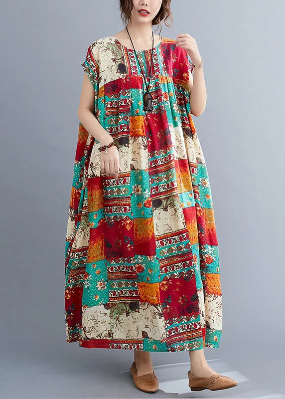 Plus Size O-Neck Patchwork Print Long Dresses Short Sleeve Elegant Long Evening