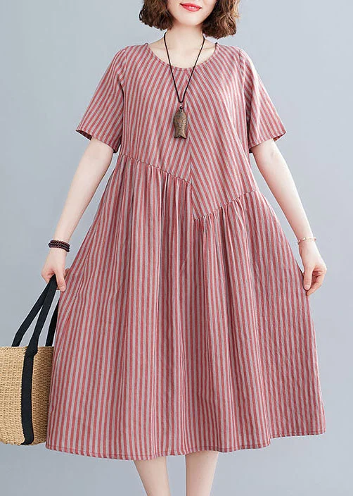 Plus Size Red O-Neck Wrinkled Striped Pockets Cotton Long Dress Short Sleeve Tunics Luxurious premium Plus Size Red O-Neck Wrinkled Striped Pockets Cotton Long Dress Short Sleeve Tunics Luxurious premium