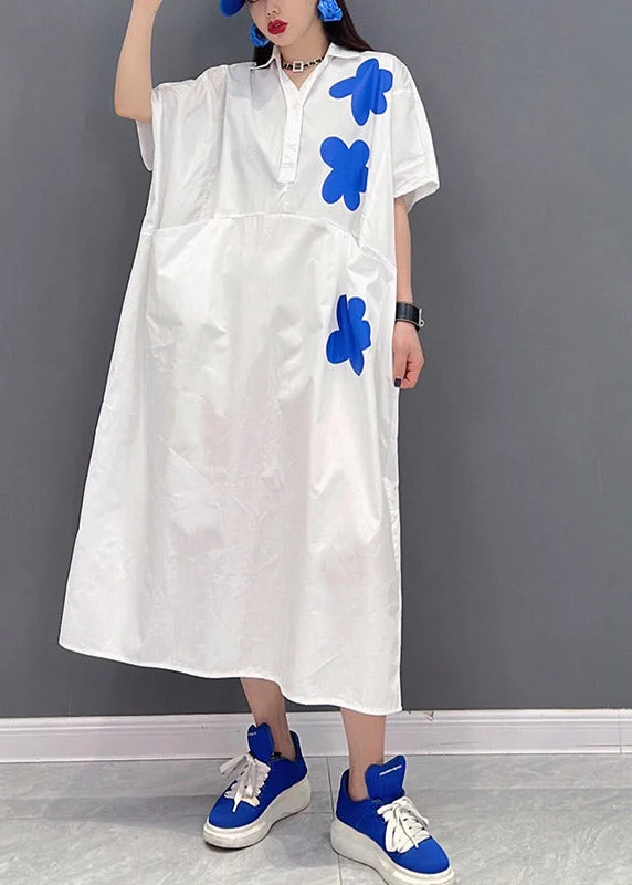 Plus Size White Peter Pan Collar Print Long Dresses Short Sleeve Tunics Luxurious high-end Plus Size White Peter Pan Collar Print Long Dresses Short Sleeve Tunics Luxurious high-end