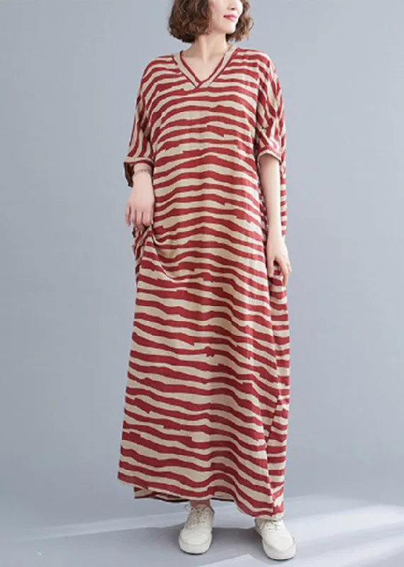 Red Striped Baggy Ankle Dress V Neck Batwing Sleeve Tunics Practical durable