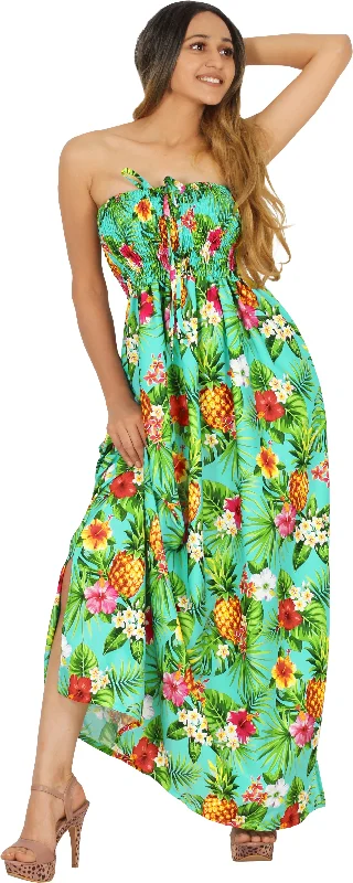 Resort Chic Shamrock Green Tropical Floral and Pineapple Print Strapless Long Dress Tunics Plaid country Resort Chic Shamrock Green Tropical Floral and Pineapple Print Strapless Long Dress Tunics Plaid country