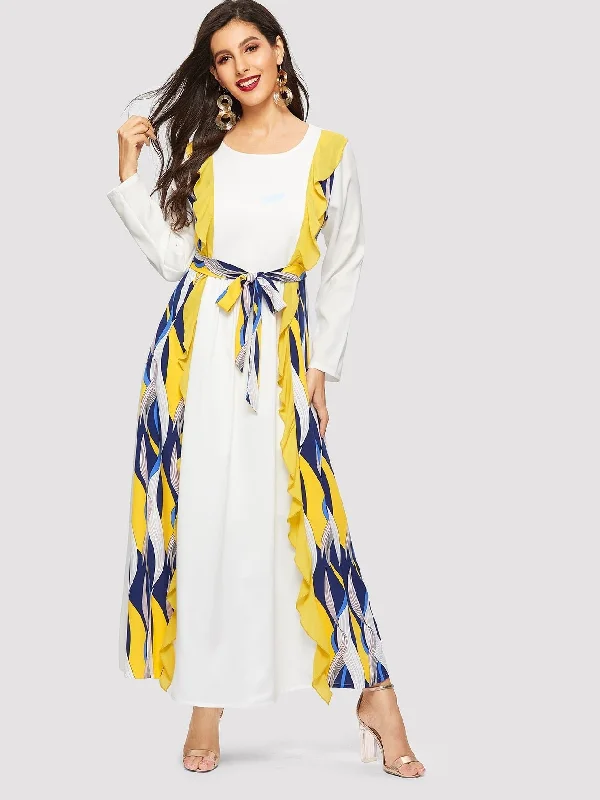 Ruffle Decoration Waist Tie Longline Dress Tunics Trendy modern