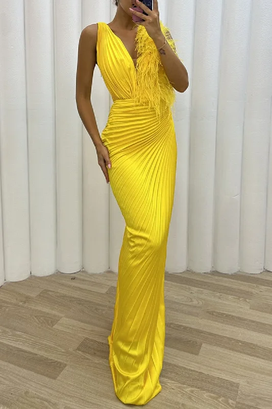Sexy Solid Patchwork Pleated V Neck Long Dress Dresses Tunics Hiking breathable