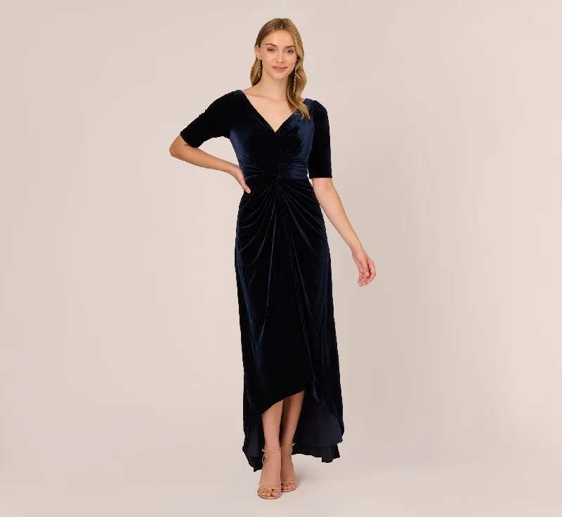 Shirred Velvet Gown With Elbow-Length Sleeves In Midnight Tunics Recommended stylist