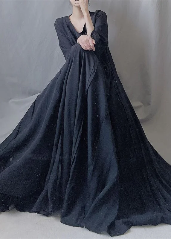 Simple Black O Neck Wrinkled Patchwork Cotton Exra Large Hem Long Dresses Fall Tunics Custom made Simple Black O Neck Wrinkled Patchwork Cotton Exra Large Hem Long Dresses Fall Tunics Custom made