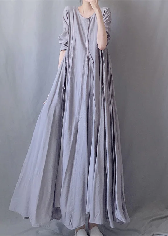 Simple Grey O Neck Wrinkled Patchwork Cotton Long Dresses Fall Tunics Silk luxurious Simple Grey O Neck Wrinkled Patchwork Cotton Long Dresses Fall Tunics Silk luxurious