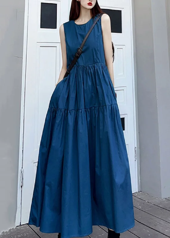 Simple Navy O Neck Wrinkled Pockets Patchwork Cotton Long Dresses Sleeveless Tunics Evening elegant Simple Navy O Neck Wrinkled Pockets Patchwork Cotton Long Dresses Sleeveless Tunics Evening elegant