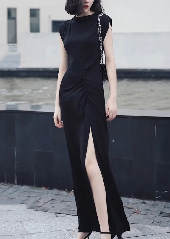 Slim Fit Black O-Neck Front Open Patchwork Chiffon Long Dresses Summer Tunics Bridal satin Slim Fit Black O-Neck Front Open Patchwork Chiffon Long Dresses Summer Tunics Bridal satin