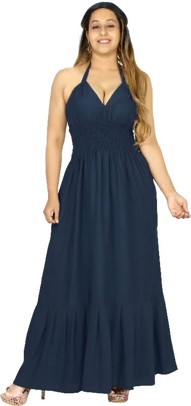 Solid Navy Blue Halter Neck Long Dress For Women Tunics Handmade artisanal