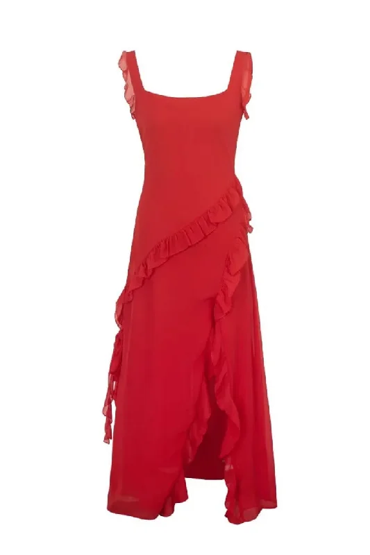 Square Collar Red Ruffle Long Dress with Slit Tunics Corduroy durable