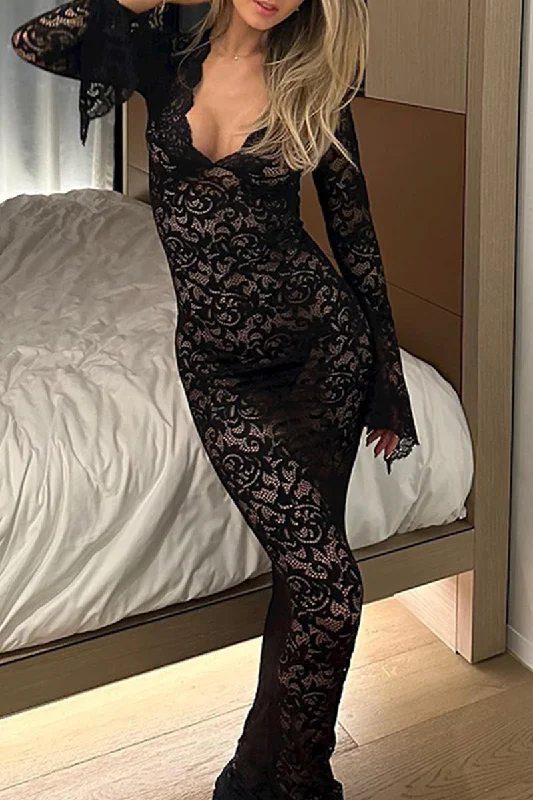 Street Solid Lace Patchwork See-through V Neck Long Dress Dresses Tunics Yoga stretchy Street Solid Lace Patchwork See-through V Neck Long Dress Dresses Tunics Yoga stretchy