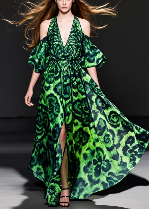 Style Green Cold Shoulder Print Side Open Chiffon Long Dresses Summer Tunics Yoga stretchy Style Green Cold Shoulder Print Side Open Chiffon Long Dresses Summer Tunics Yoga stretchy