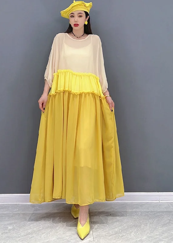 Stylish Yellow Colorblock Ruffled Patchwork Chiffon Long Dress Batwing Sleeve Tunics Review highly Stylish Yellow Colorblock Ruffled Patchwork Chiffon Long Dress Batwing Sleeve Tunics Review highly