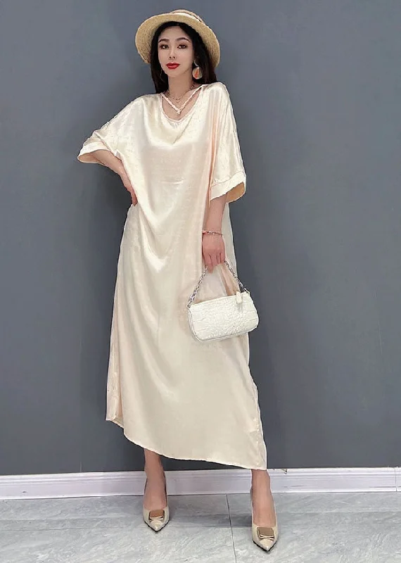 2024 Beige O-Neck Oversized Tie Waist Silk Long Dress Half Sleeve Tunics Cozy comfortable 2024 Beige O-Neck Oversized Tie Waist Silk Long Dress Half Sleeve Tunics Cozy comfortable