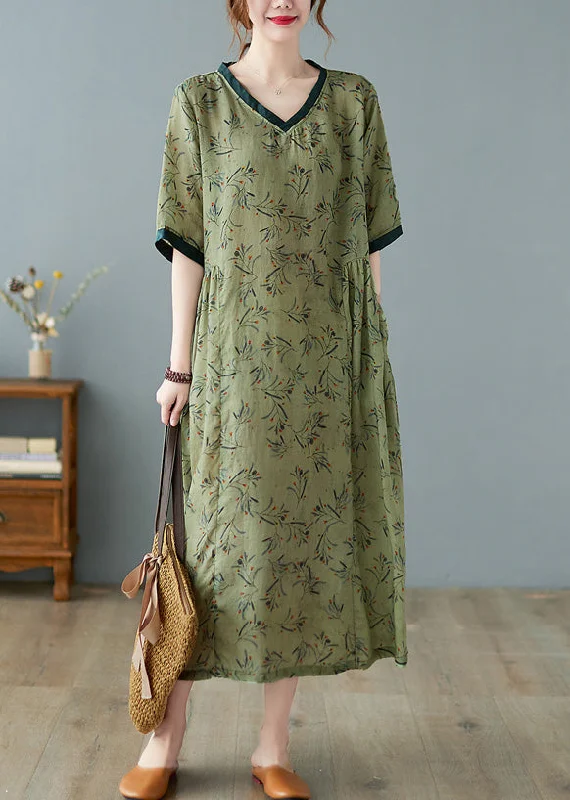 Unique Green V Neck Print Patchwork Linen Long Dress Summer Tunics Prom sequined
