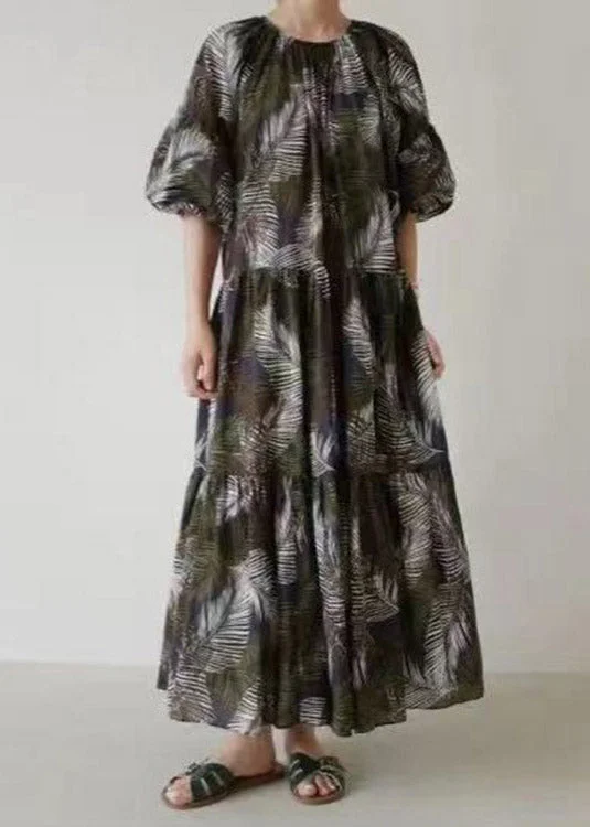 Vintage Black O-Neck Print Long Dress Short Sleeve Tunics Practical durable