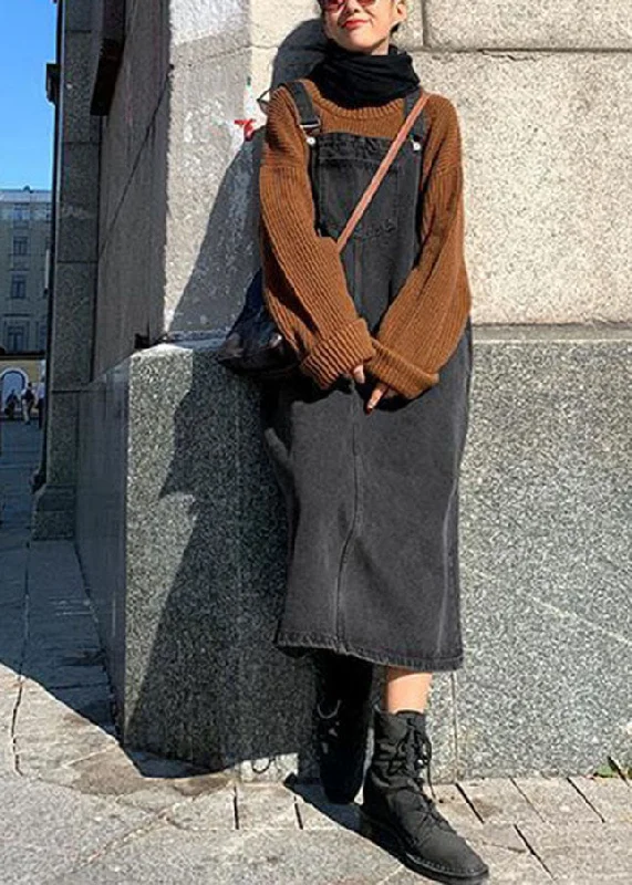 Vintage Black Slash Neck Patchwork Button Denim Long Dress Fall Tunics Seasonal trendy Vintage Black Slash Neck Patchwork Button Denim Long Dress Fall Tunics Seasonal trendy