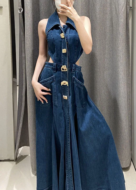 Vintage Blue Peter Pan Collar Patchwork Pockets Hollow Out Denim Long Dresses Summer Tunics Handmade artisanal Vintage Blue Peter Pan Collar Patchwork Pockets Hollow Out Denim Long Dresses Summer Tunics Handmade artisanal