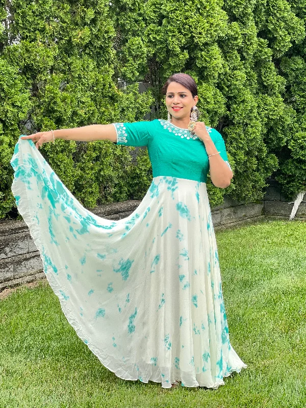 White and green combo shibori Georgette long dress Cowl Neckline Elegant