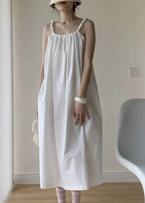 White Patchwork Cotton Long Dresses Backless Lace Up Summer Square Neckline Feminine