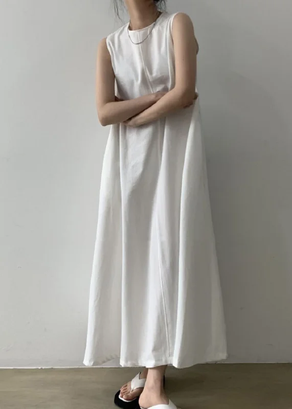 White Patchwork Loose Solid Long Dress Sleeveless Tunic Top Casual
