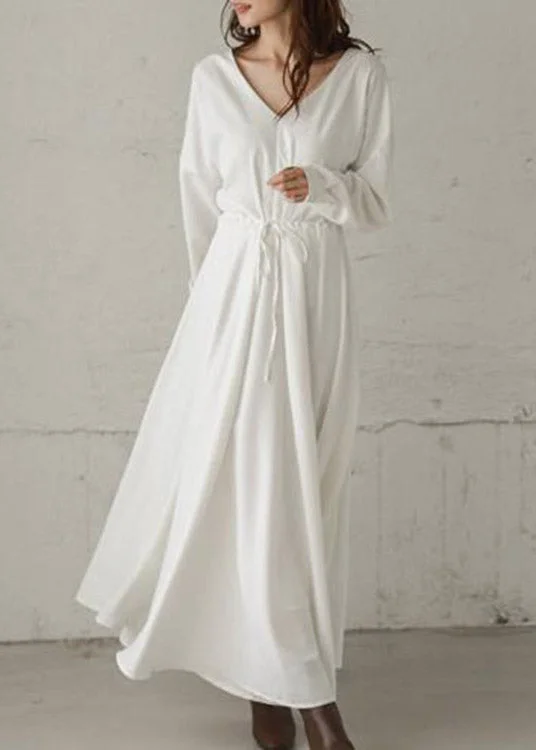 White Tie Waist Cotton Long Dresses Long Sleeve Tunics Luxurious premium