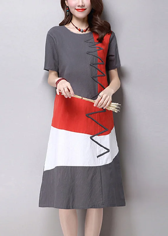 Women Casual Short Sleeve Splice Loose O-neck Mid Long Dress Tunics Luxurious high-end Women Casual Short Sleeve Splice Loose O-neck Mid Long Dress Tunics Luxurious high-end