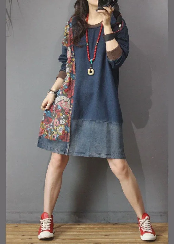 Women Denim Patchwork Cotton Dress Print Summer Long Dress sweetheart Neckline Romantic
