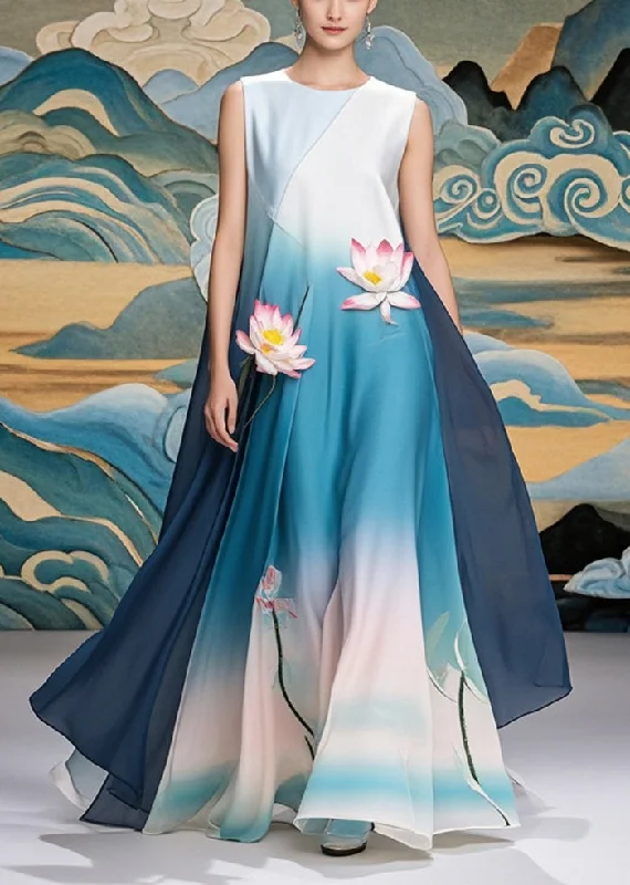 Women Gradient Blue Lotus Print Chiffon Long Dress Summer Tunics Gym athletic