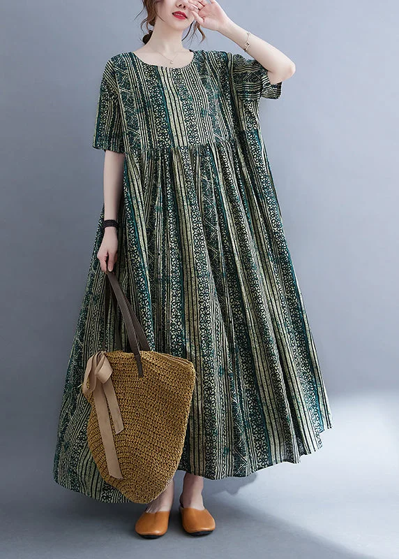 Women Green O-Neck Cinched Print Extra large hem Long Dresses Short Sleeve Tunics Cozy comfortable Women Green O-Neck Cinched Print Extra large hem Long Dresses Short Sleeve Tunics Cozy comfortable