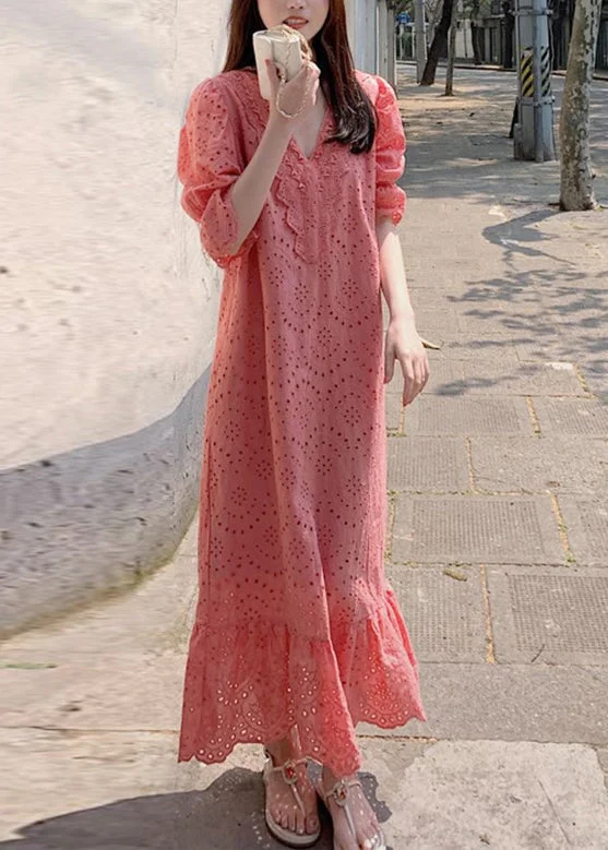 Women Orange V Neck Lace Patchwork Hollow Out Cotton Long Dresses Summer Crew Neckline Sporty Women Orange V Neck Lace Patchwork Hollow Out Cotton Long Dresses Summer Crew Neckline Sporty