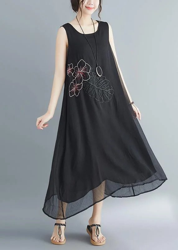 Women Sleeveless embroidery cotton blended dresses Boho Runway black long Dress Summer Tunics Polka dots Women Sleeveless embroidery cotton blended dresses Boho Runway black long Dress Summer Tunics Polka dots