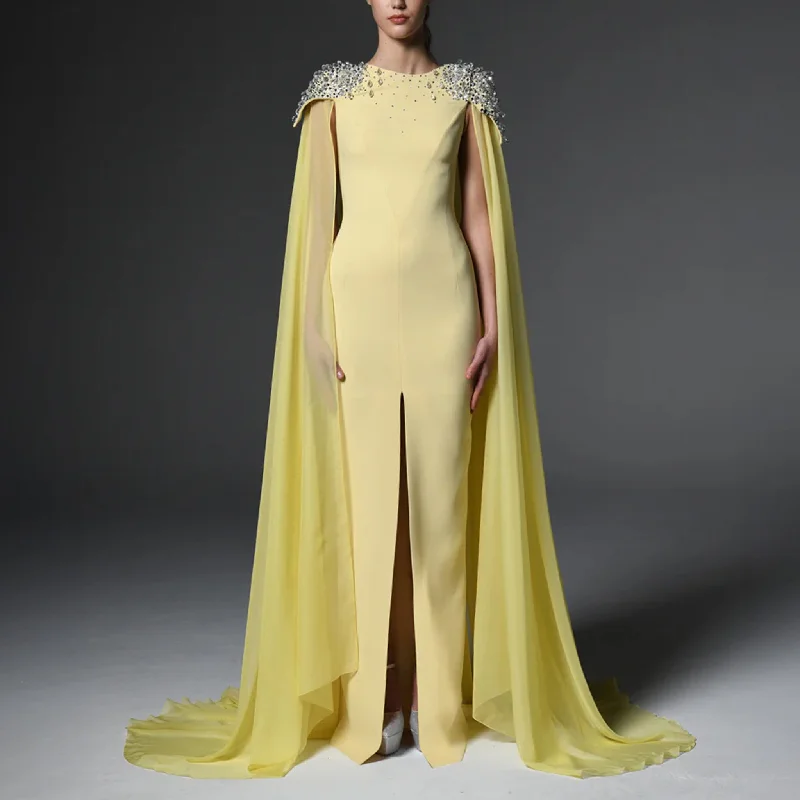 Yellow Embroidered Crepe Dress Featuring Chiffon Cape Tunics Sophisticated sleek