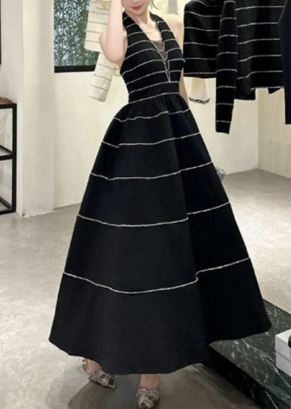 2024 New Black V Neck Striped Zircon Backless Vacation Long Dresses Summer Tunic Top Casual 2024 New Black V Neck Striped Zircon Backless Vacation Long Dresses Summer Tunic Top Casual
