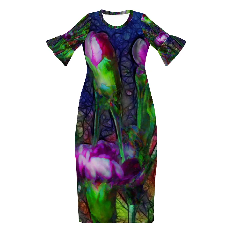 Abstract Pink Carnations Custom Lotus Leaf Short Sleeve Long Dress Women's Summer Fashion Dress Tunics Hiking breathable Abstract Pink Carnations Custom Lotus Leaf Short Sleeve Long Dress Women's Summer Fashion Dress Tunics Hiking breathable