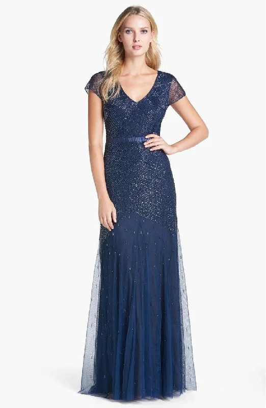 Adrianna Papell - Sequined V Neck Long Dress 91885900 Elegant Long Evening