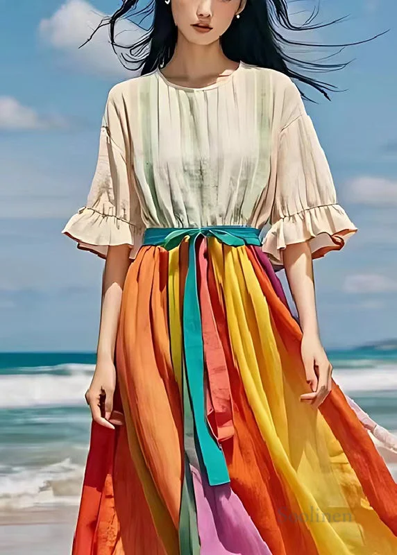 Apricot Patchwork Linen Long Dress Exra Large Hem Summer Halter Neckline Beach