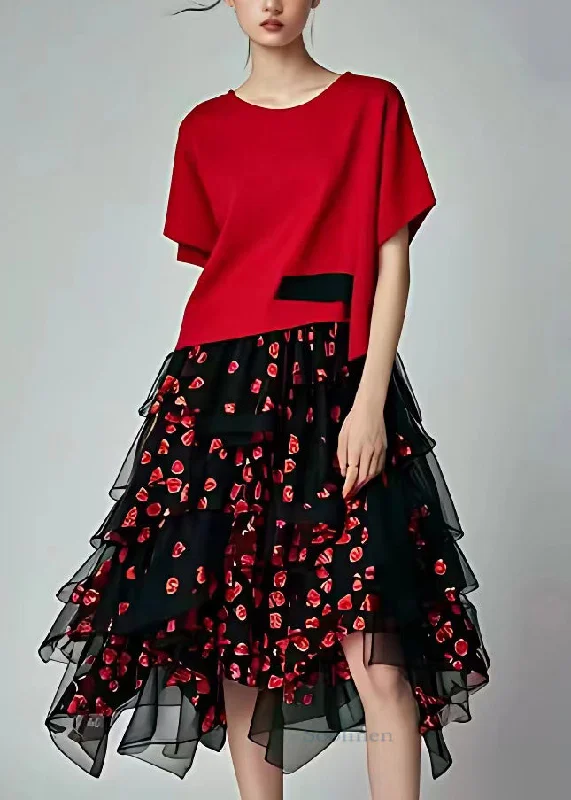 Art Red Print Tulle Patchwork Long Dresses Short Sleeve Casual Short Summer