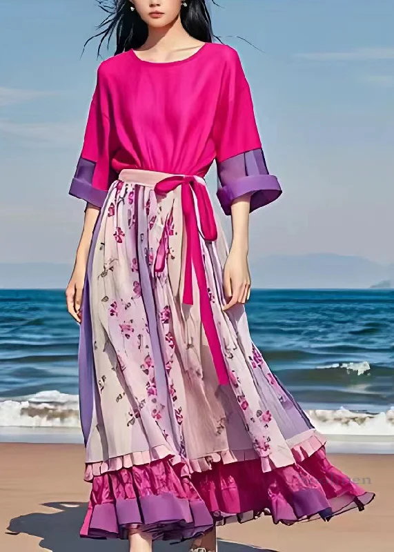 Art Rose Patchwork Tie Waist Chiffon Long Dress Summer Square Neckline Feminine