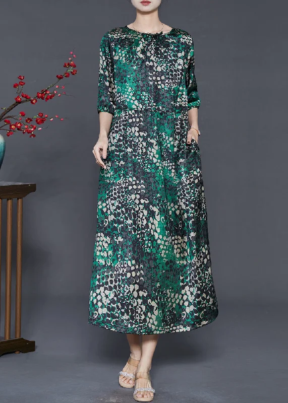 Beautiful Green Print Tie Waist Silk Dress Summer Tunics Hiking breathable