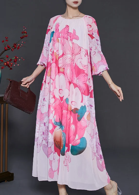 Beautiful Pink Oversized Print Chiffon Long Dress Summer Tunics Practical durable