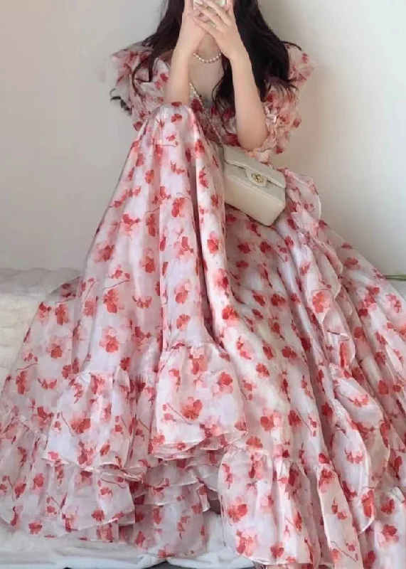 Beautiful Pink Ruffled Print Chiffon Long Dresses Short Sleeve Tunics Timeless classic