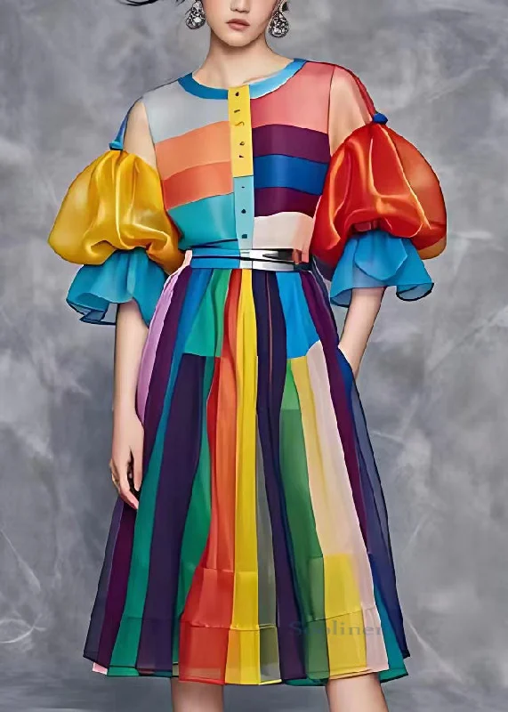 Beautiful Rainbow Tie Waist Vacation Chiffon Long Dresses Summer Shift Classic Vintage Beautiful Rainbow Tie Waist Vacation Chiffon Long Dresses Summer Shift Classic Vintage