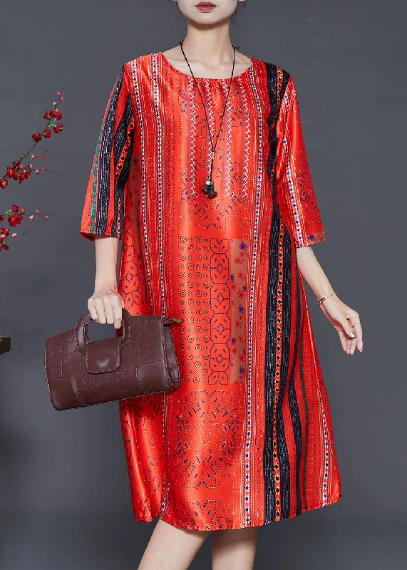 Beautiful Red Oversized Print Chiffon Long Dress Summer Tunics Leisure comfortable