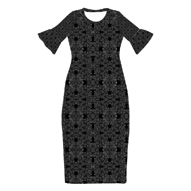 Black Roses Pattern Custom Lotus Leaf Short Sleeve Long Dress Women's Summer Fashion Dress Tunics Vintage classic Black Roses Pattern Custom Lotus Leaf Short Sleeve Long Dress Women's Summer Fashion Dress Tunics Vintage classic