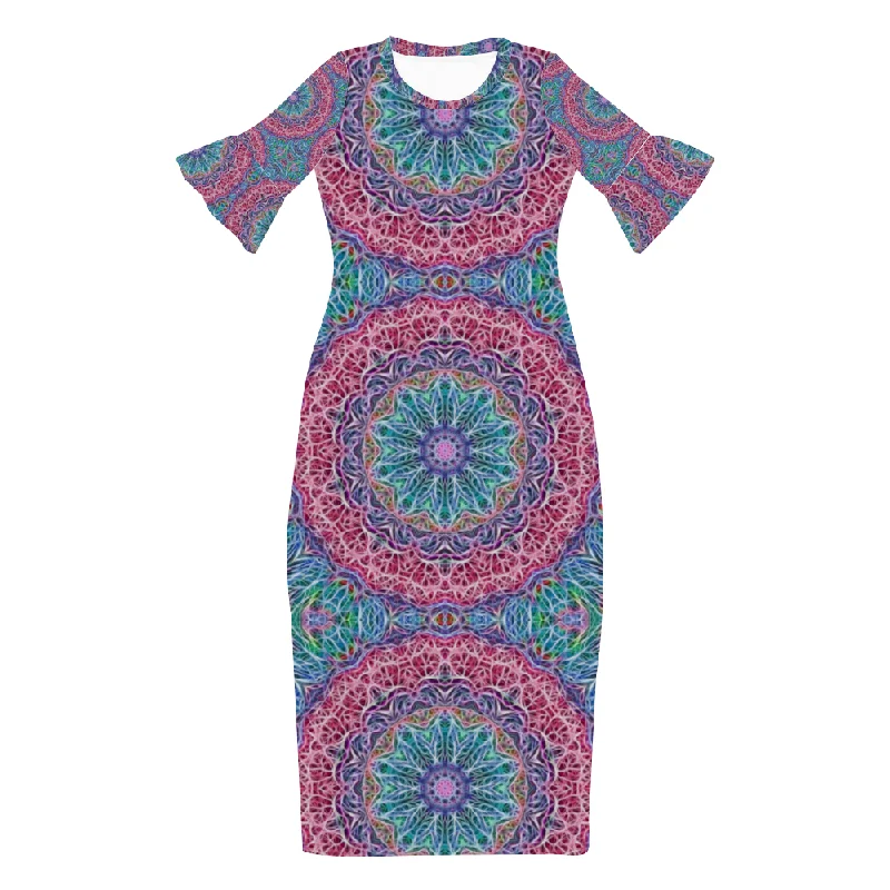 Blue and Pink Kaleidoscope Custom Lotus Leaf Short Sleeve Long Dress Women's Summer Fashion Dress Tunics Ceremony elegant