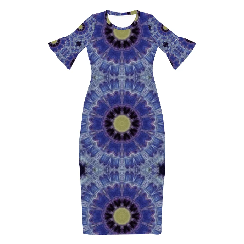 Blue Cathedral Kaleidoscope Custom Lotus Leaf Short Sleeve Long Dress Women's Summer Fashion Dress Tunics Evening elegant Blue Cathedral Kaleidoscope Custom Lotus Leaf Short Sleeve Long Dress Women's Summer Fashion Dress Tunics Evening elegant