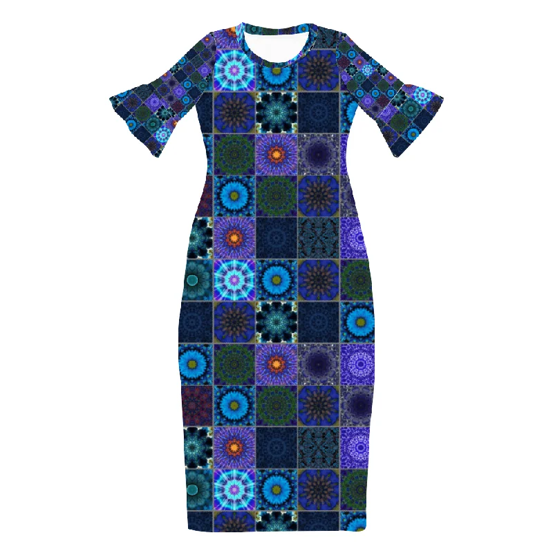 Blue Crazy Quilt Custom Lotus Leaf Short Sleeve Long Dress Women's Summer Fashion Dress Tunics Business professional Blue Crazy Quilt Custom Lotus Leaf Short Sleeve Long Dress Women's Summer Fashion Dress Tunics Business professional