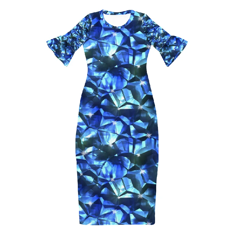 Blue Crystal Pattern Custom Lotus Leaf Short Sleeve Long Dress Women's Summer Fashion Dress Tunics Gym athletic Blue Crystal Pattern Custom Lotus Leaf Short Sleeve Long Dress Women's Summer Fashion Dress Tunics Gym athletic